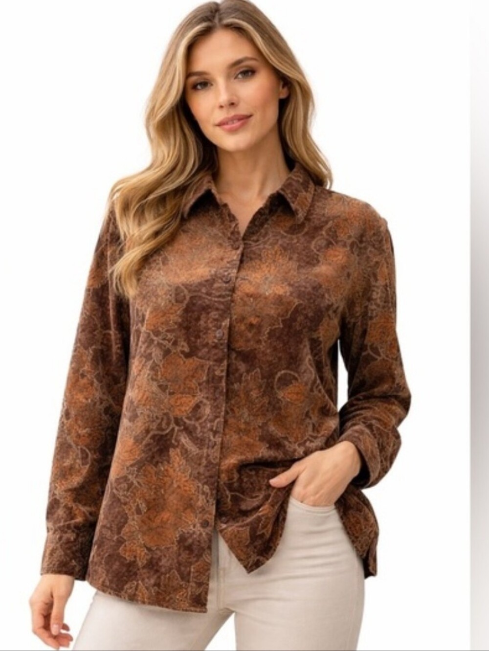 L Northern Reflections Cordoroy Cottage Core Button Up Top Fall Leaves